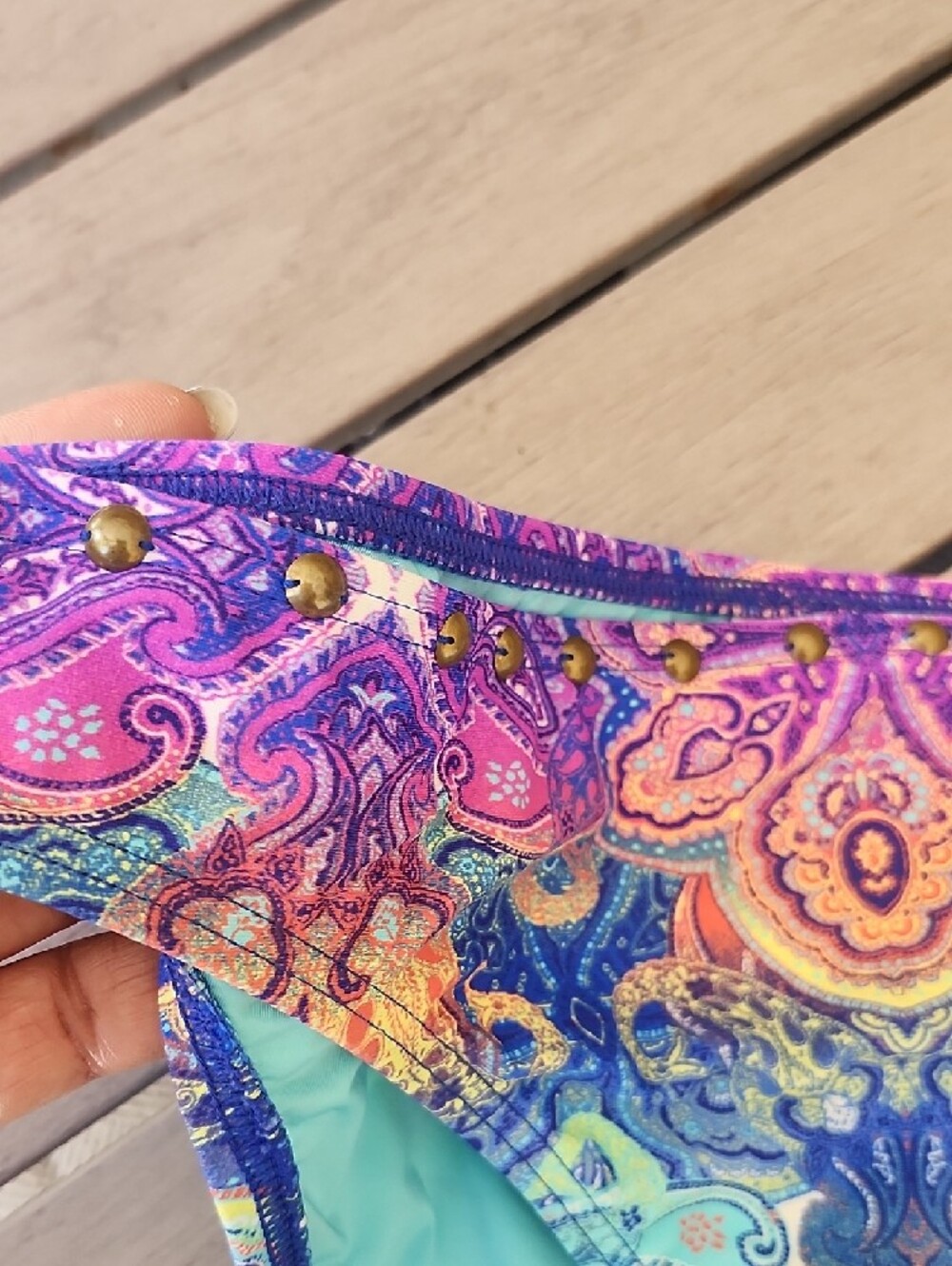 La Blanca Turquoise Bikini Bottom with Multicolor Paisley Waistband - Picture 3 of 5